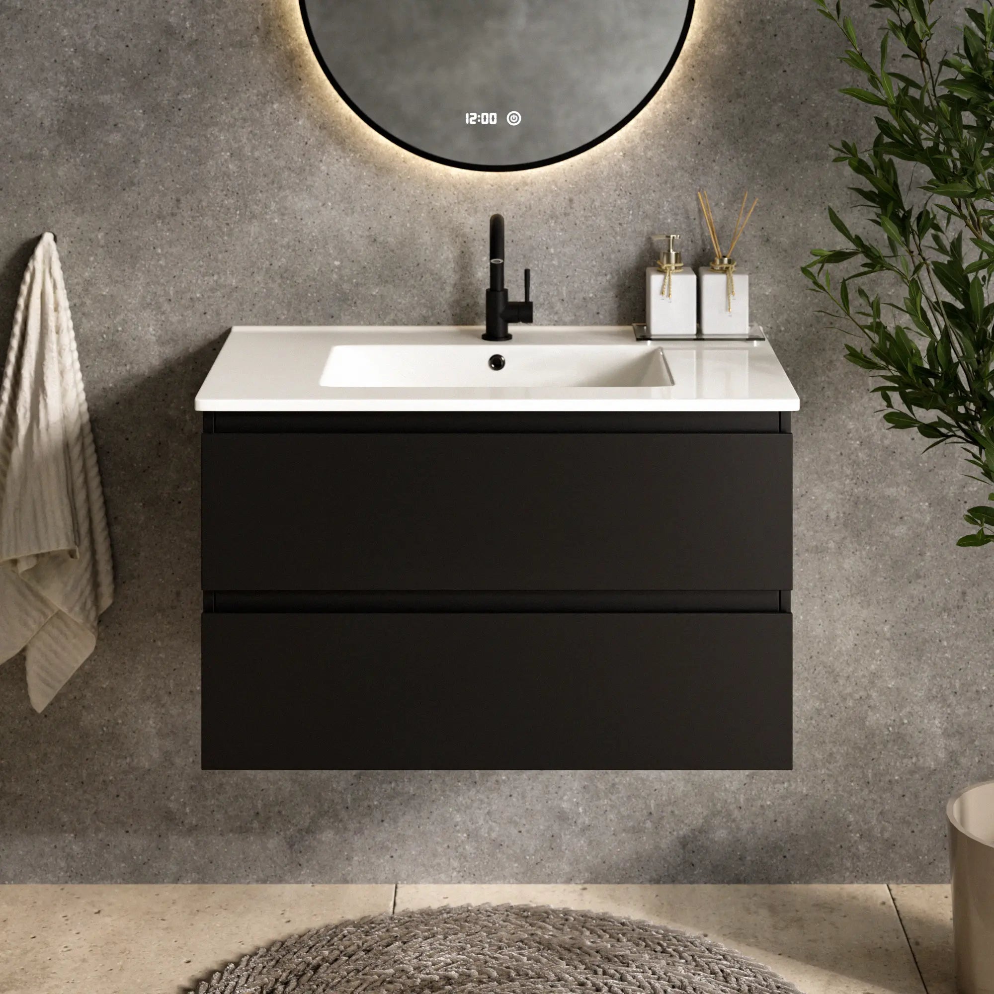 Badrumsmöbel Luma - 80 cm - Svart - Vitt tvättställ - Förbeställa