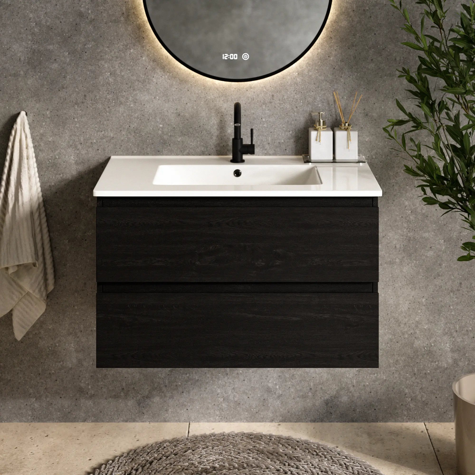 Badrumsmöbel Luma - 80 cm - Svart ek - Vitt tvättställ - Förbeställa