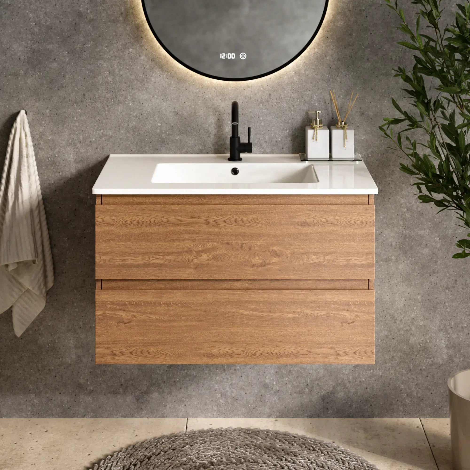 Badrumsmöbel Luma - 80 cm - Varm ek - Vit tvättställ - Förbeställa