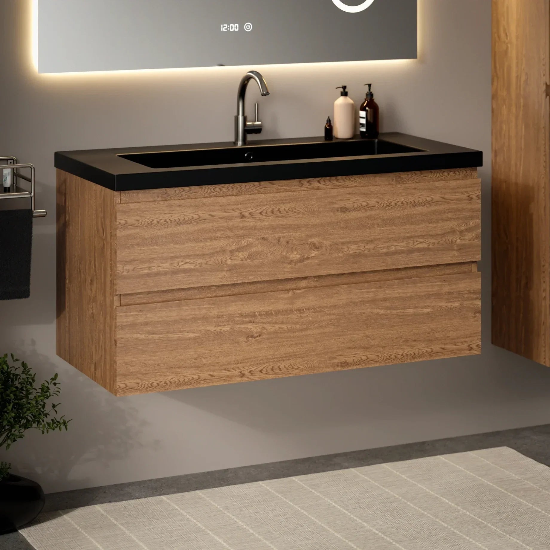 Badkamermeubel Sena - 100cm - Warm Eiken - Wastafel Zwart - Förbeställa