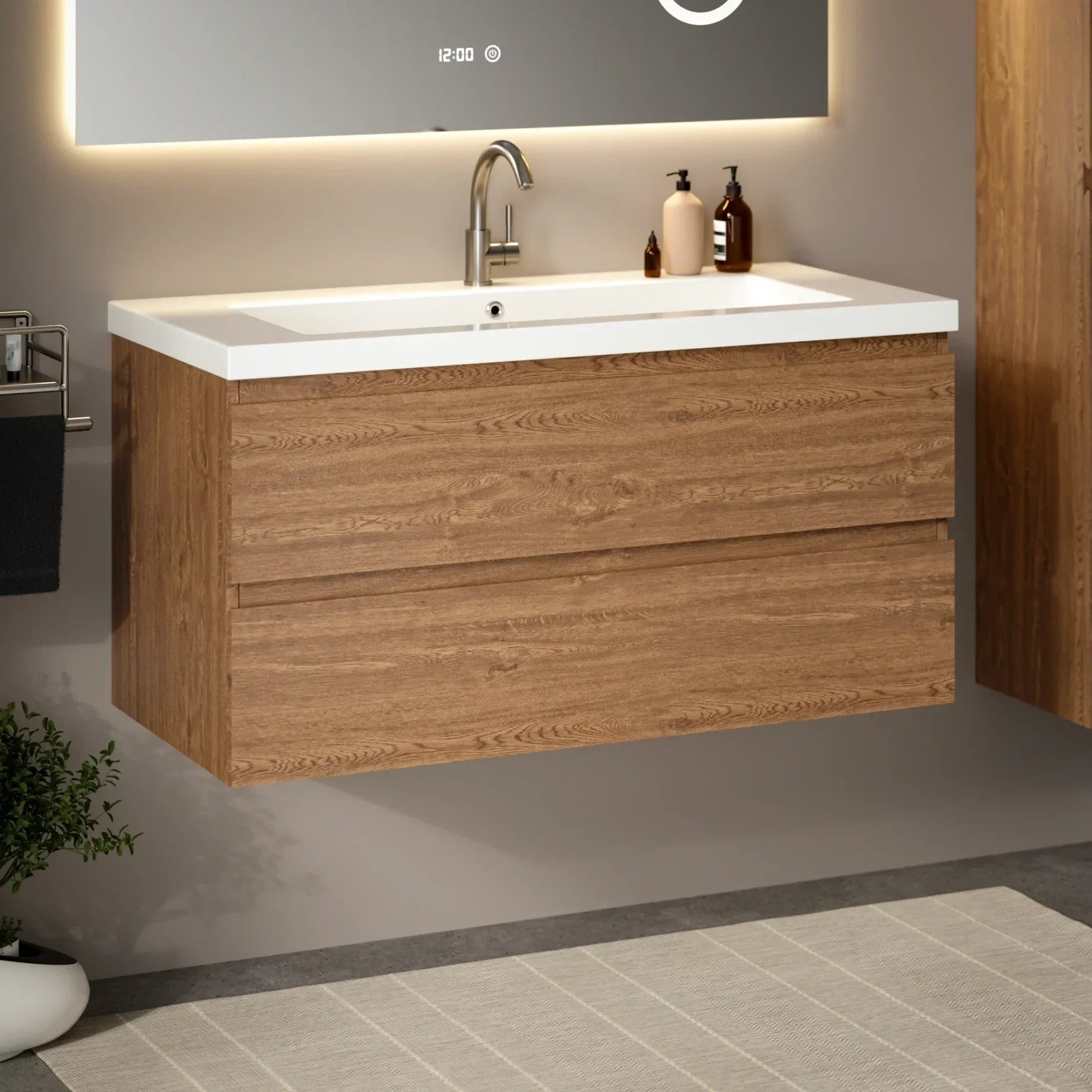 Badkamermeubel Sena - 100cm - Warm Eiken - Wastafel Wit - PRE-ORDER