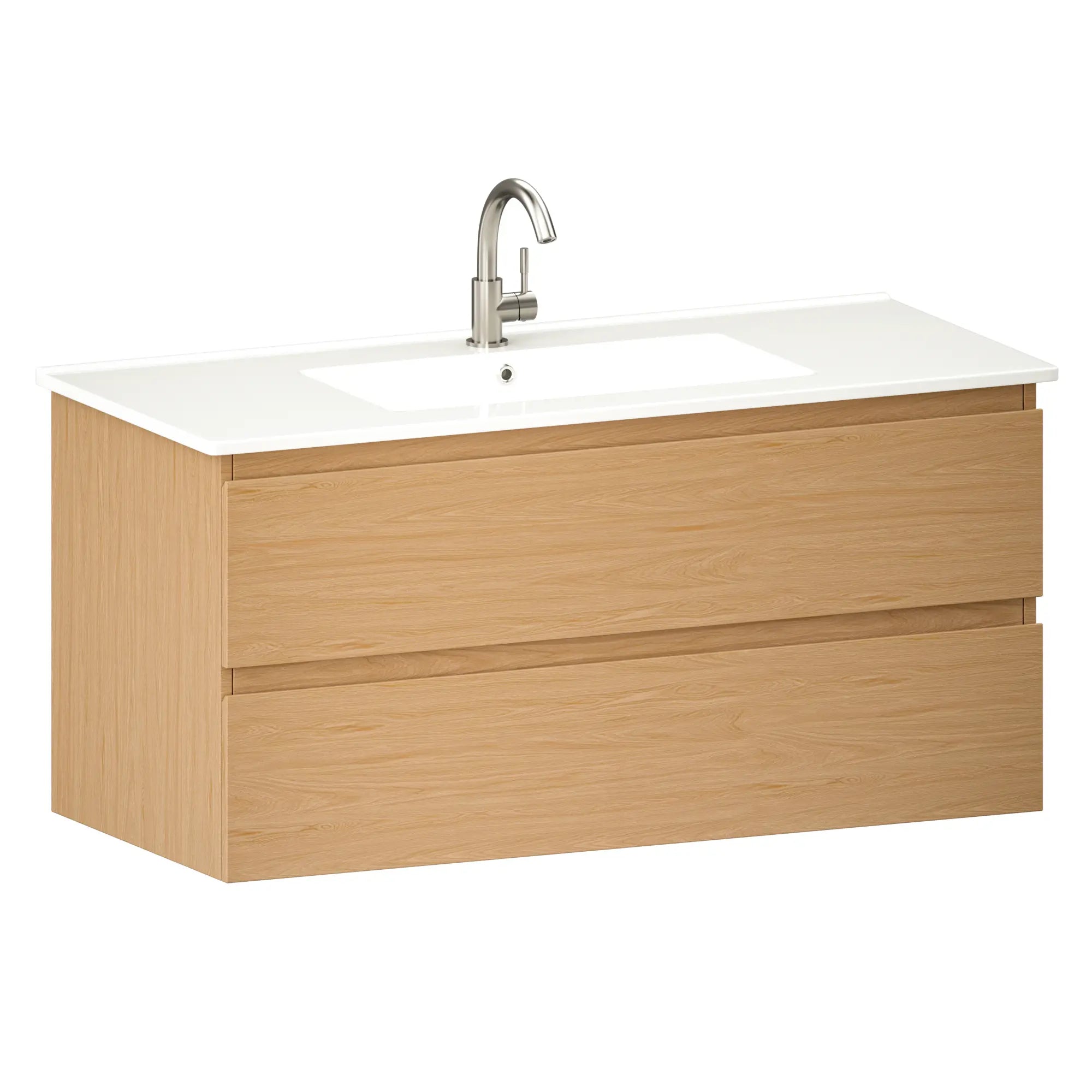 Badrumsmöbel Varo -100 cm - Ljus ek - Vit tvättställ - Förbeställa