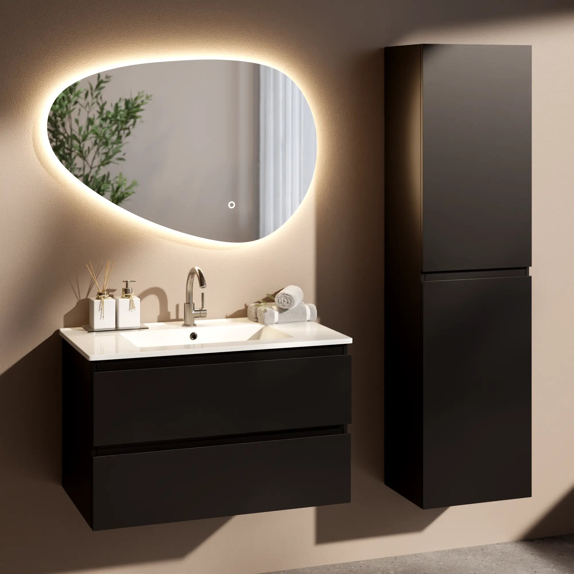 Badrumsmöbel Luma - 80 cm - Svart - Vitt tvättställ - Förbeställa