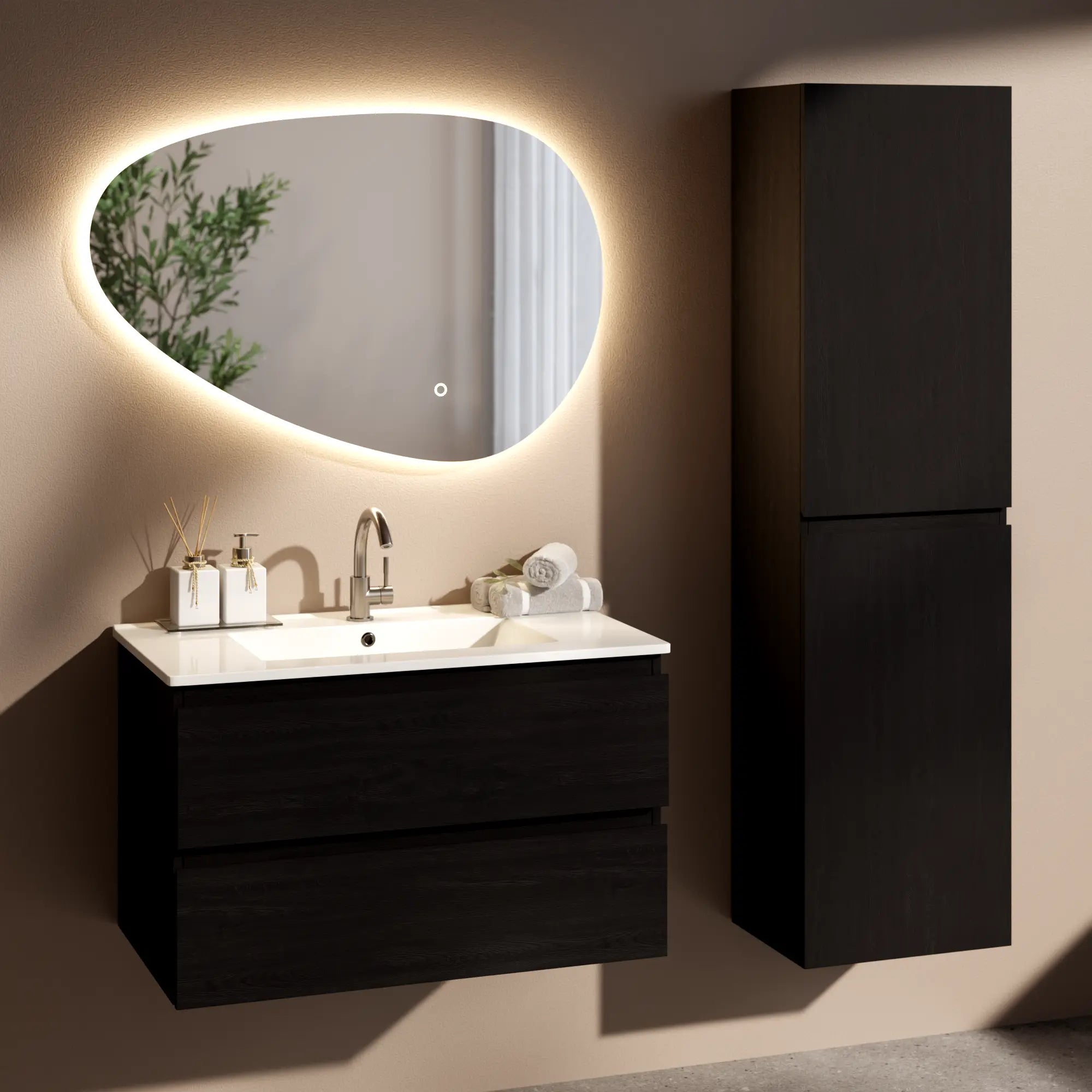 Badrumsmöbel Luma - 80 cm - Svart ek - Vitt tvättställ - Förbeställa