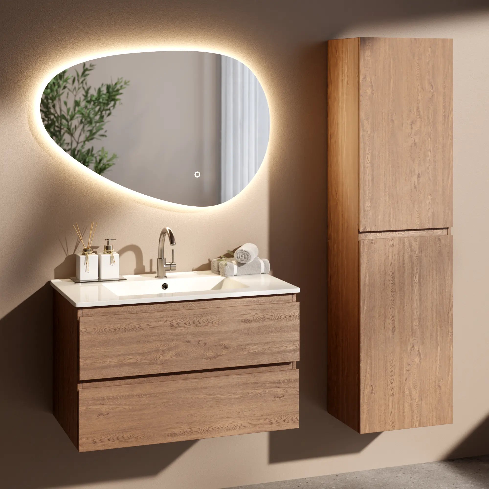 Badrumsmöbel Luma - 80 cm - Varm ek - Vit tvättställ - Förbeställa