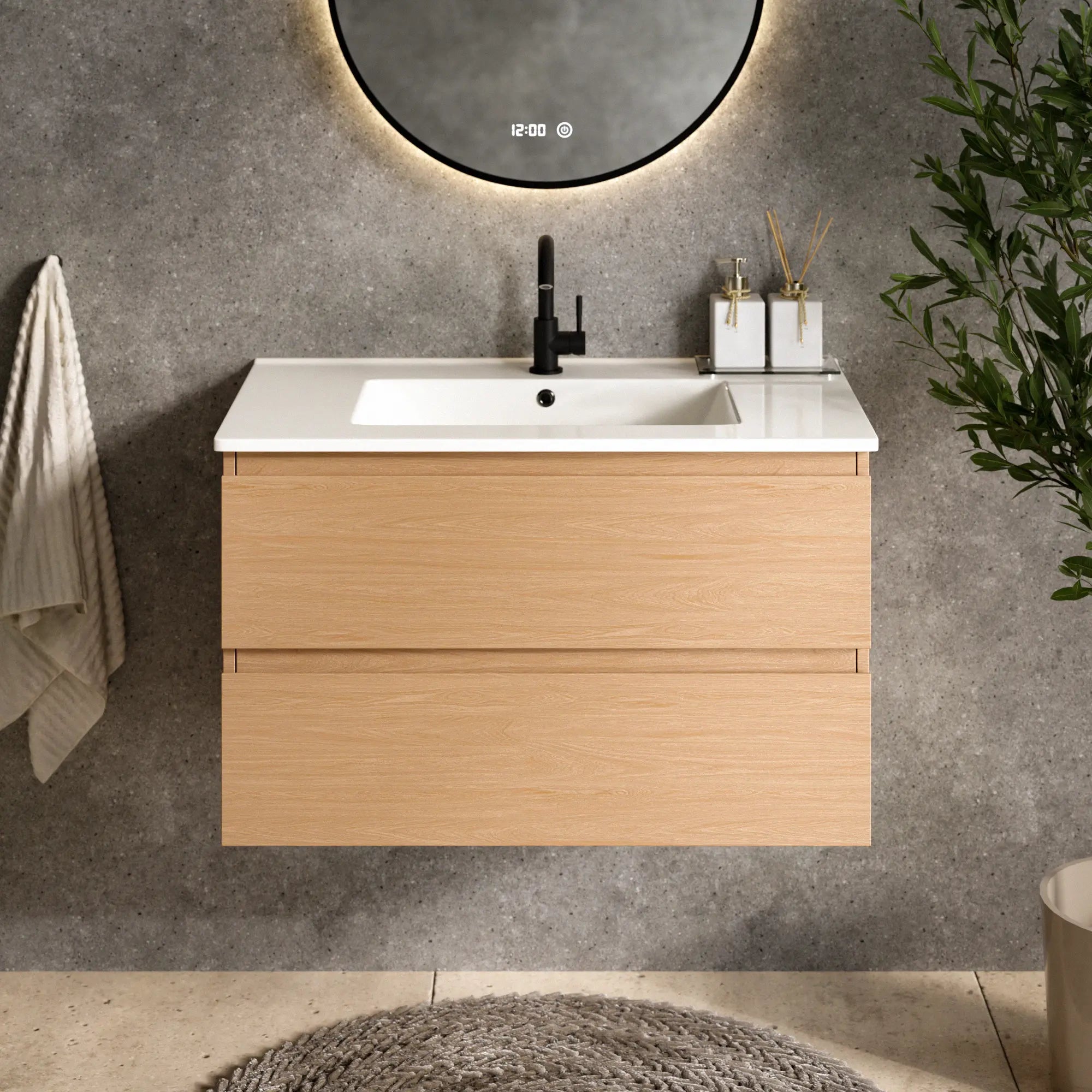 Badrumsmöbel Luma - 80 cm - Ljus ek - Vit tvättställ - Förbeställa