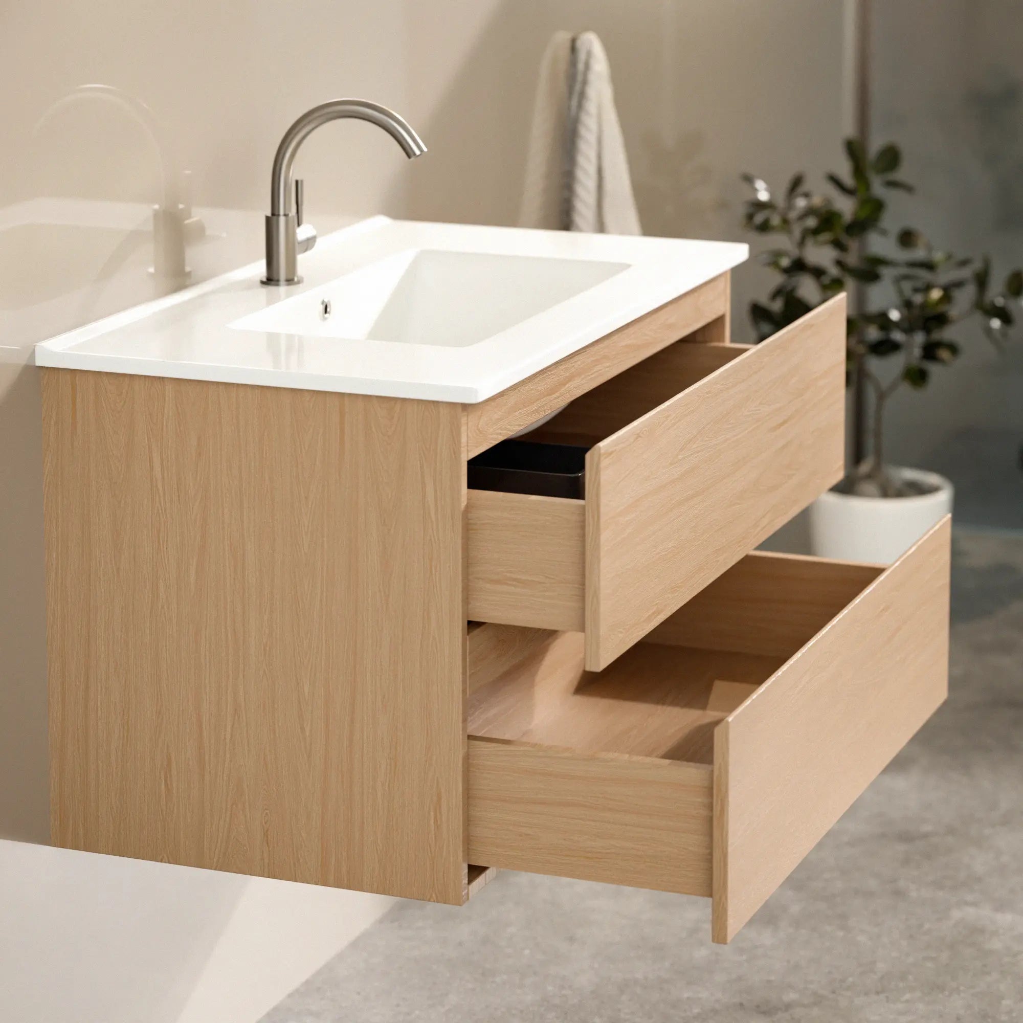 Badrumsmöbel Luma - 80 cm - Ljus ek - Vit tvättställ - Förbeställa
