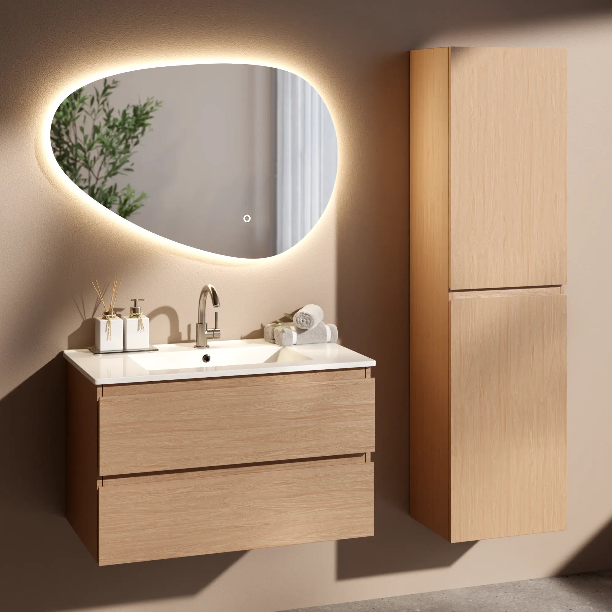 Badrumsmöbel Luma - 80 cm - Ljus ek - Vit tvättställ - Förbeställa