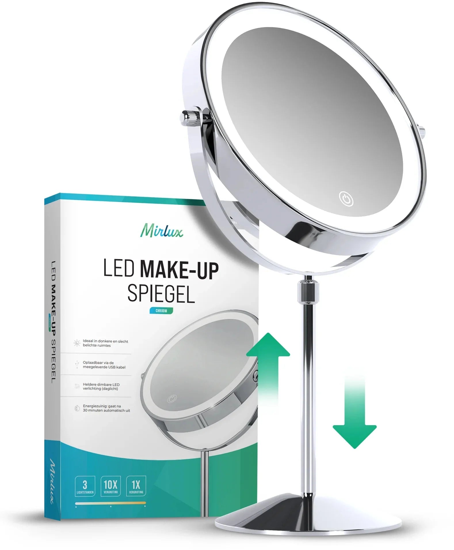 Make-Up Spiegel - Hoogte verstelbaar - Chrome - 1-10x Vergroting - Förbeställa