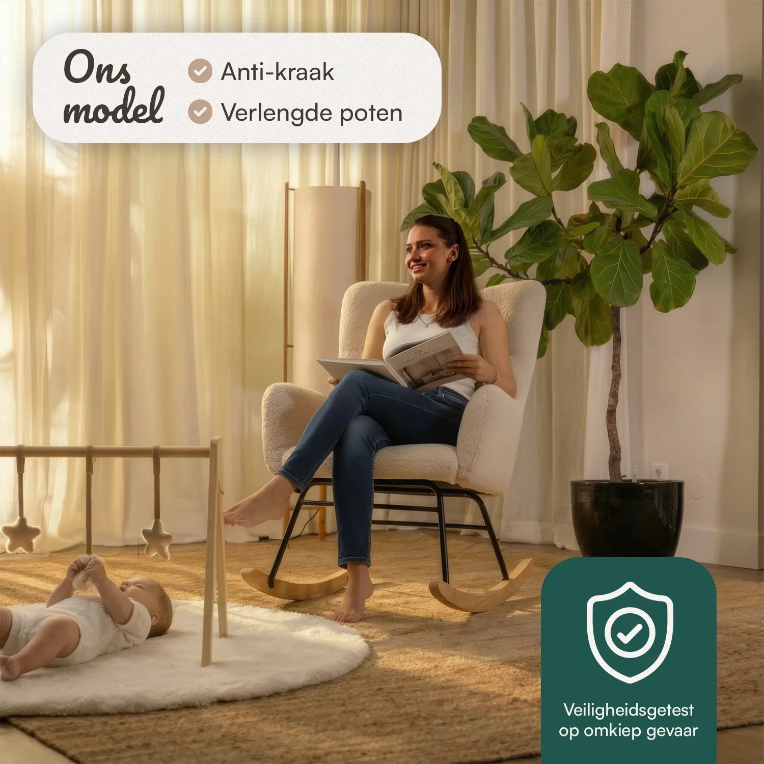 Schommelstoel Teddy Wit - Voedingsstoel Stoel Babykamer - Fauteuil met Armleuning Design