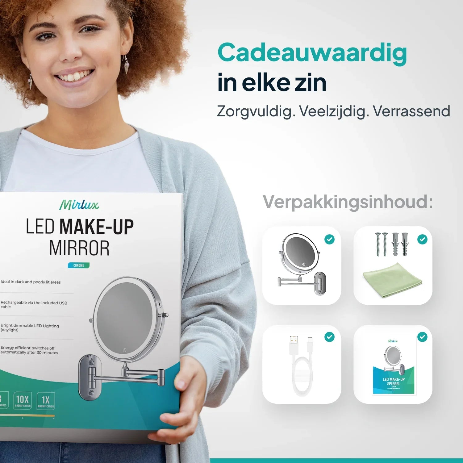 Make-Up Spiegel - Oplaadbaar - Chroom - 1-10x Vergroting