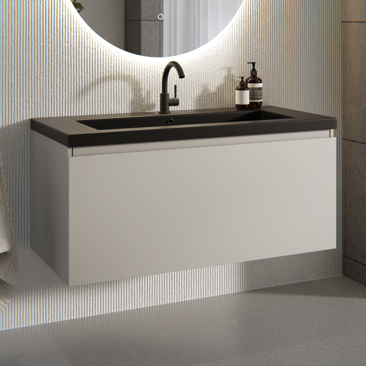 Badrumsmöbel Indy - 100 cm - Taupe - Tvättställ Svart