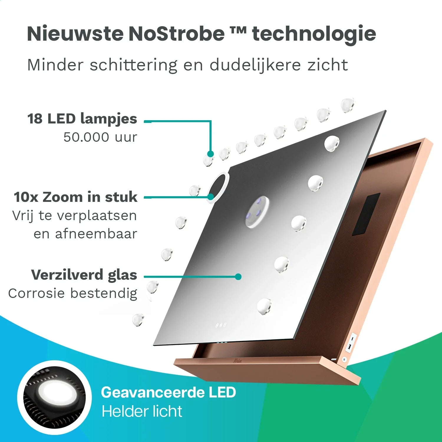 Hollywoodspegel - Bluetooth-högtalare - 80x60 cm - Roséguld