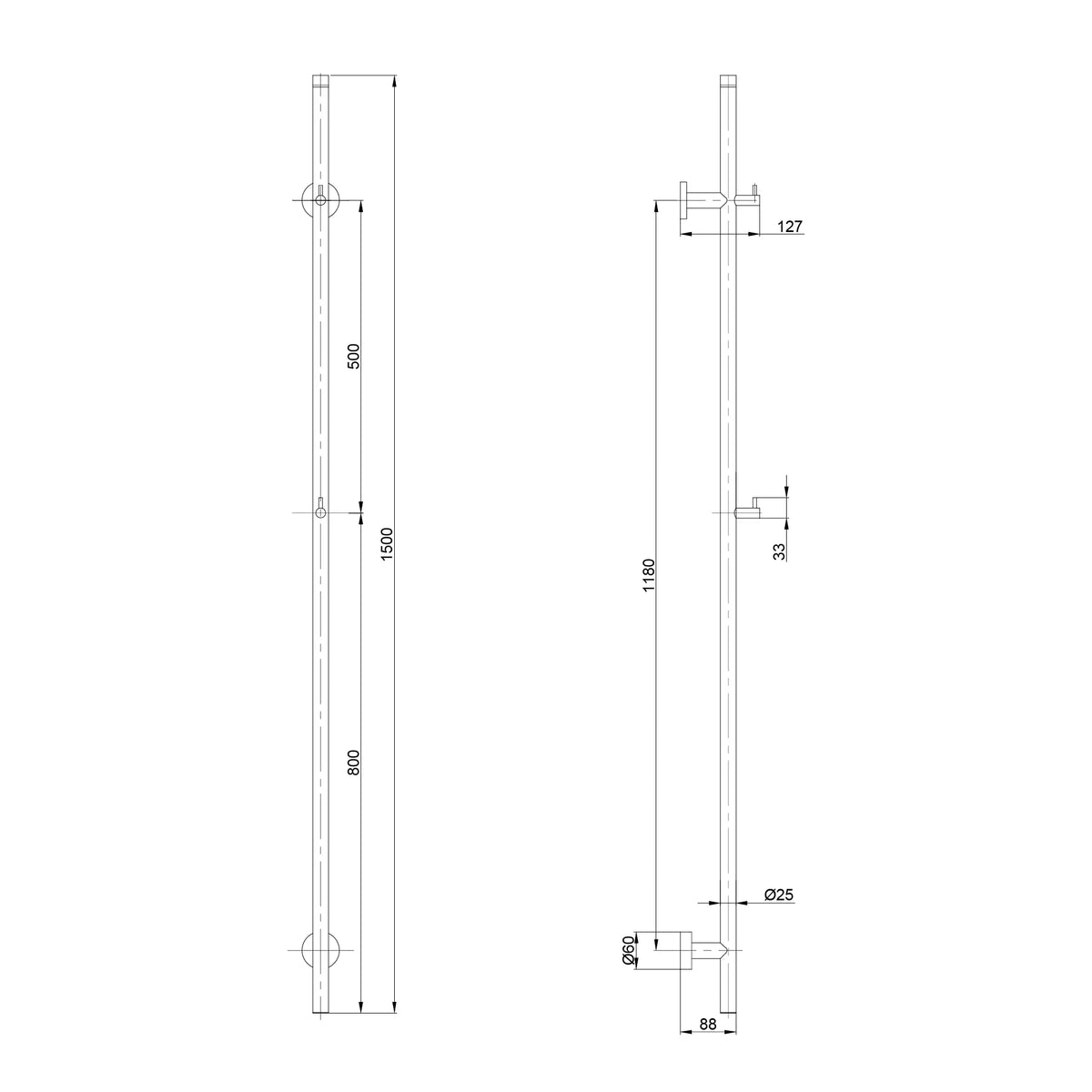 Elektrisk Handdukstork - 70 Watt - 150 cm - Matt svart