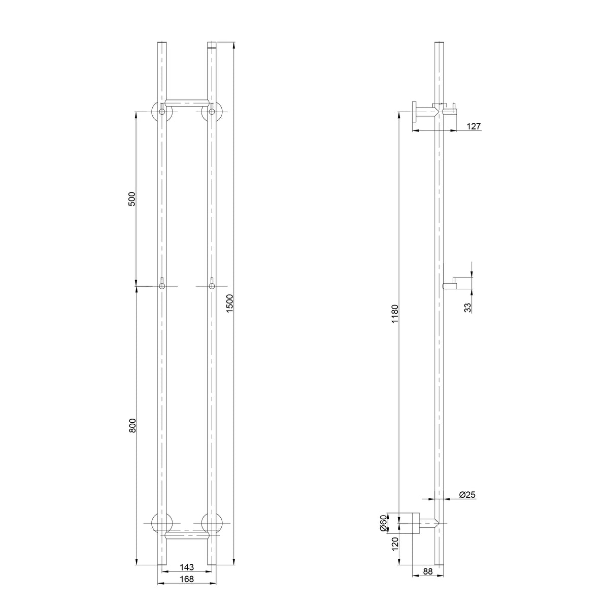 Elektrisk Handdukstork Dubbel - 70 Watt - 150x16.8 cm - Koppar