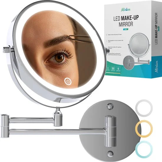 Make-up Spiegel met LED - verlichting - Oplaadbaar - 10x vergroting - Chroom