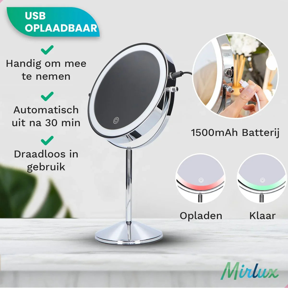 Make-Up Spiegel - Oplaadbaar - Chroom - 1-10x Vergroting