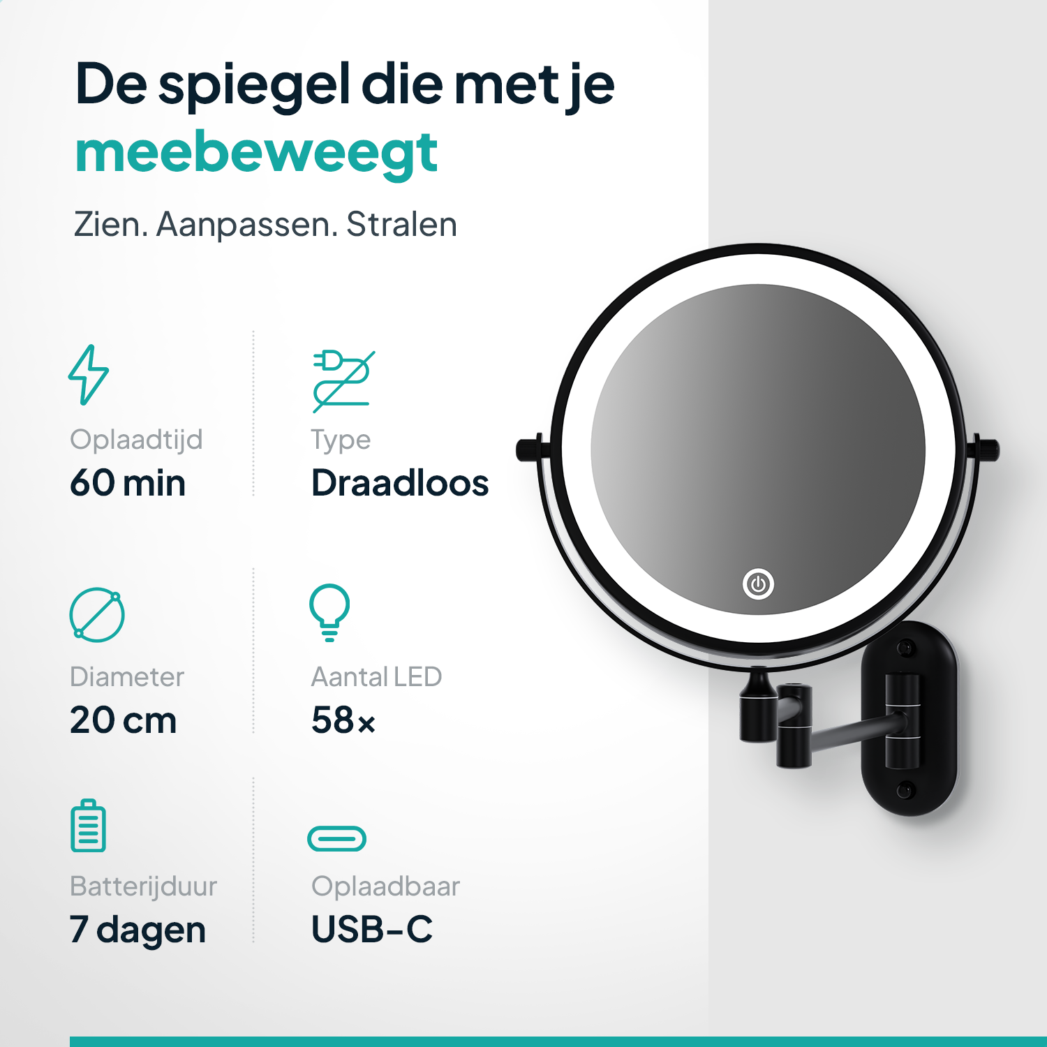 Sminkspegel - Uppladdningsbar - Svart - 1-5x Förstoring