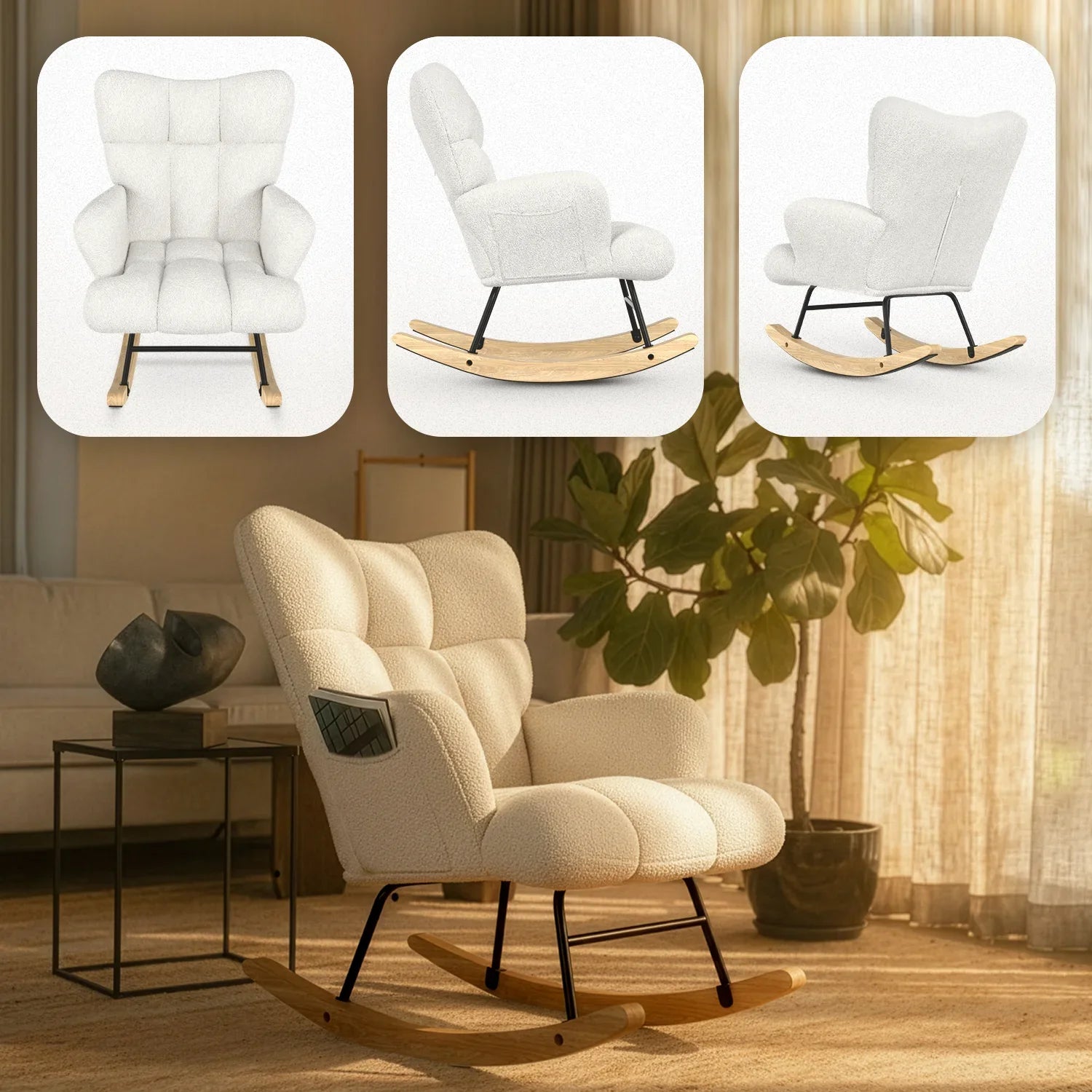 Schommelstoel Teddy Wit - Voedingsstoel Stoel Babykamer - Fauteuil met Armleuning Design