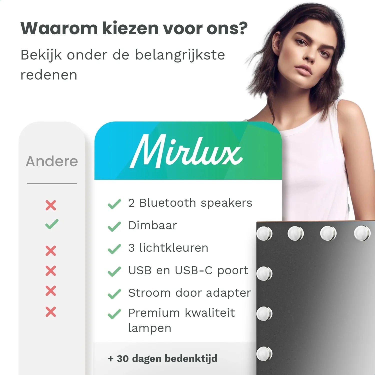 Hollywoodspegel - Bluetooth-högtalare - 80x60 cm - Roséguld