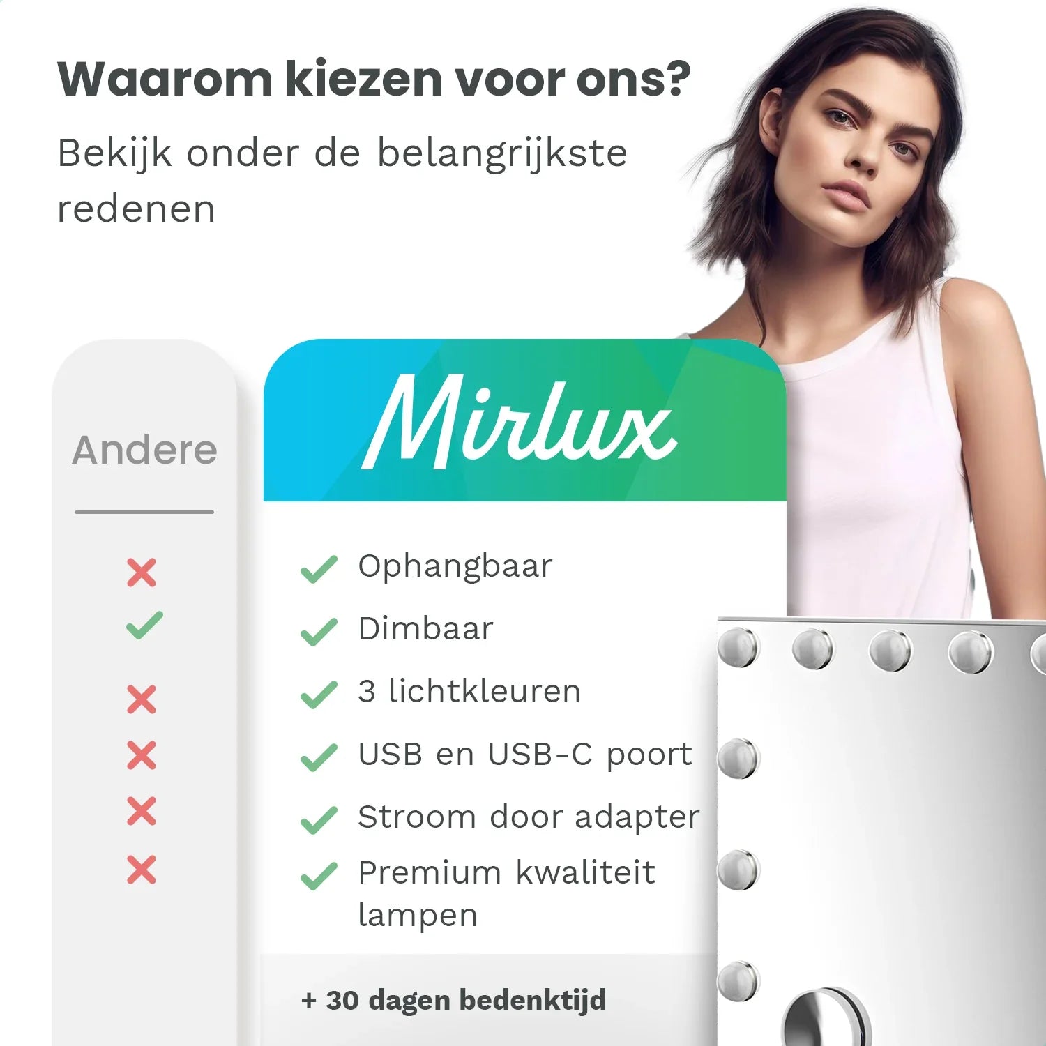 Hollywood Spiegel - Bluetooth Speakers - 58x48cm - Wit