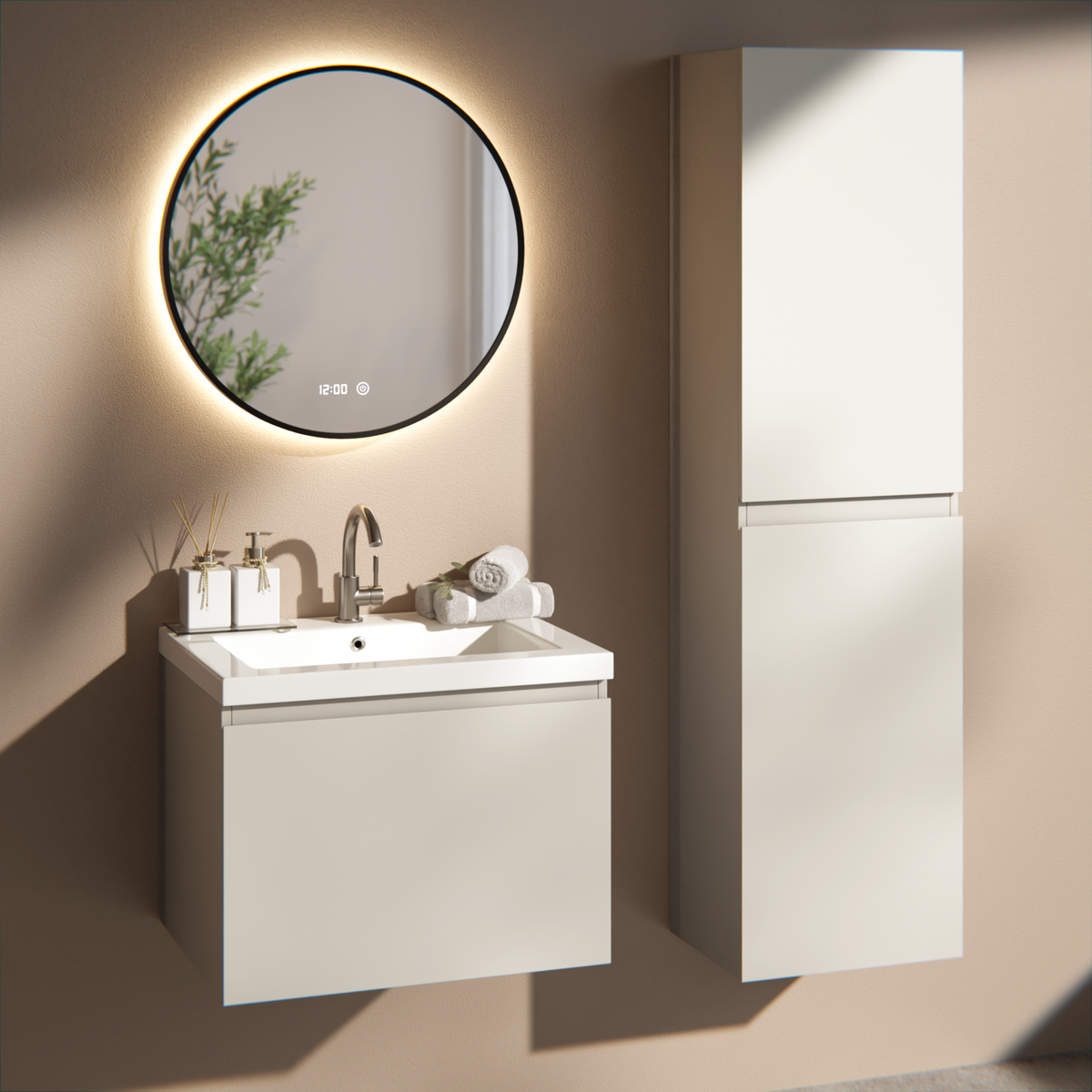 Badrumsmöbel Vino - 60 cm - Taupe - Tvättställ Vit