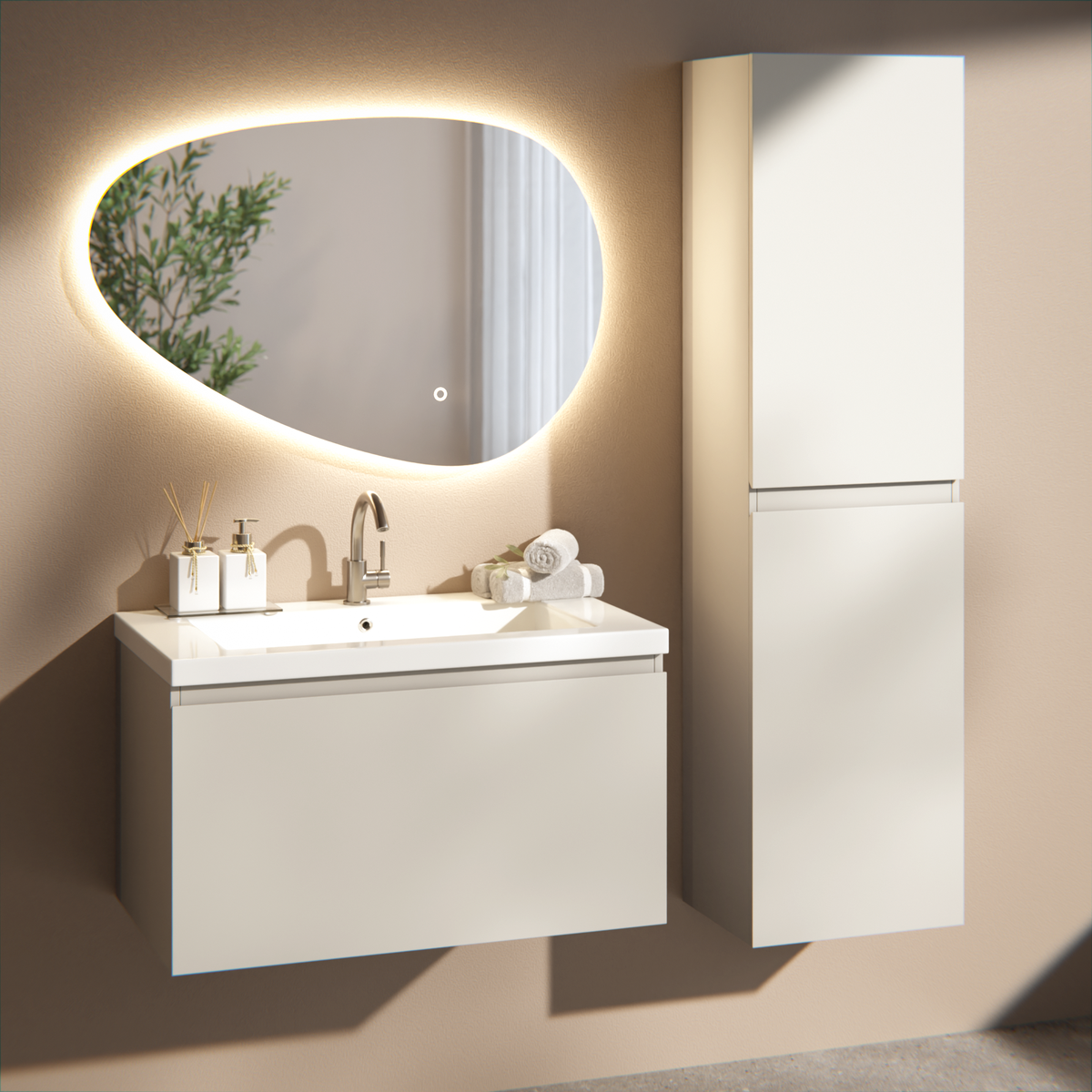 Badrumsmöbel Niko - 80 cm - Taupe - Tvättställ Vit