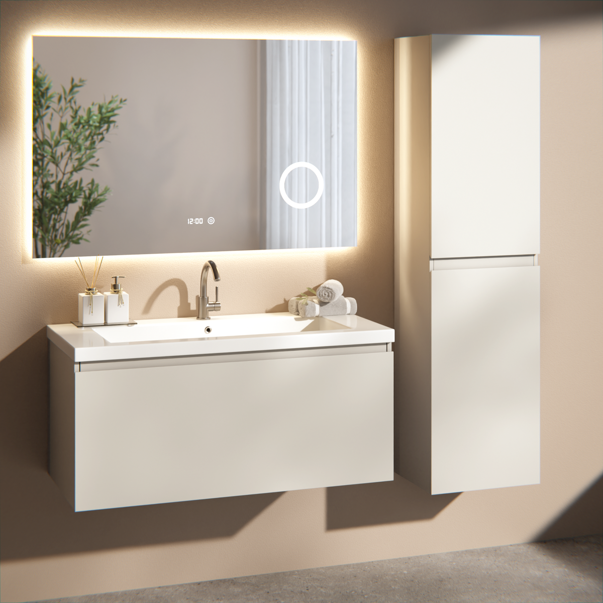 Badrumsmöbel Indy - 100 cm - Taupe - Tvättställ Vit