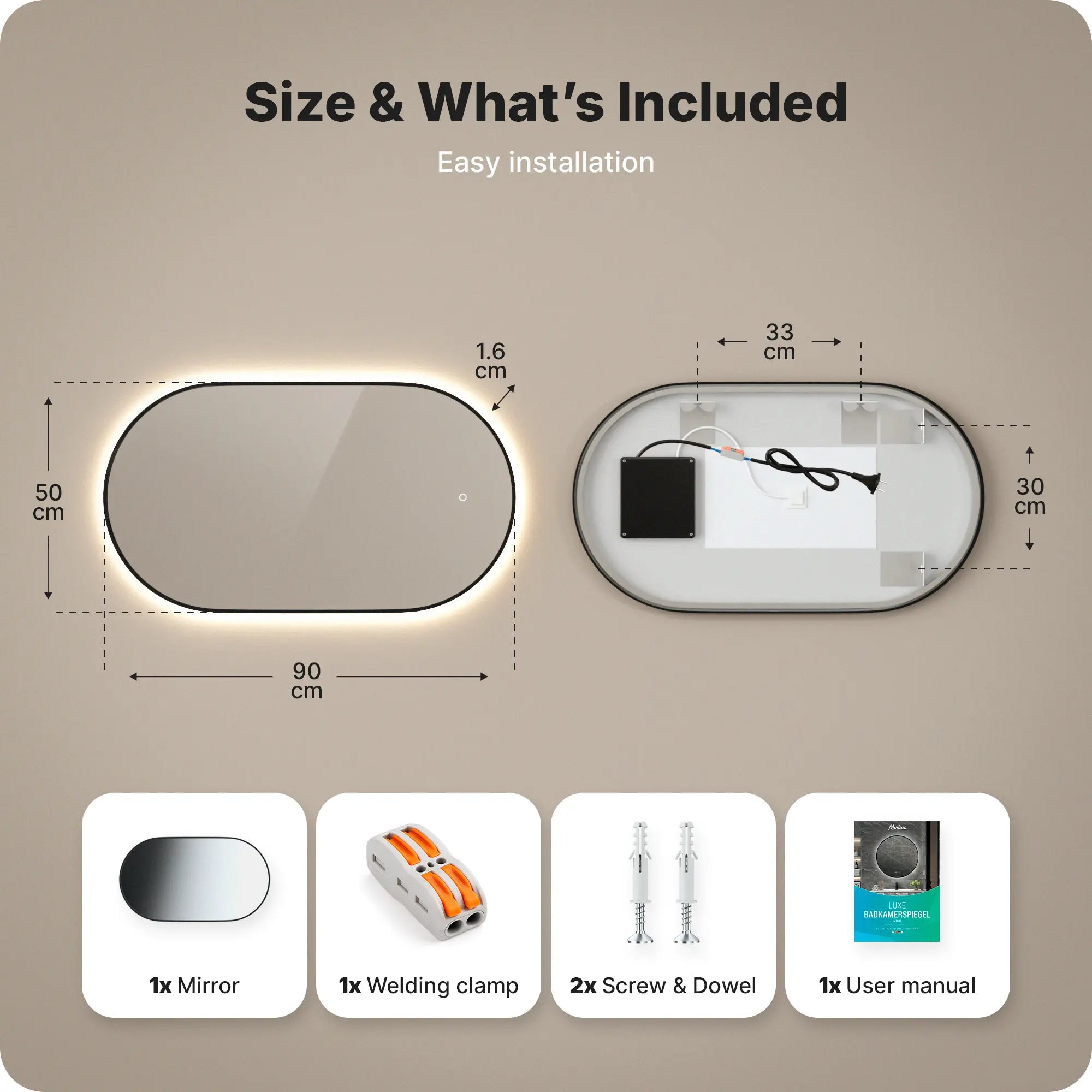 Badrumsspegel - 90x50cm Oval - Svart Ram