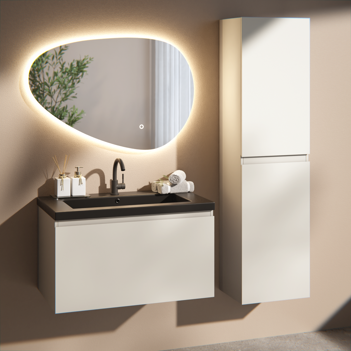 Badrumsmöbel Niko - 80cm - Taupe - Tvättställ Svart