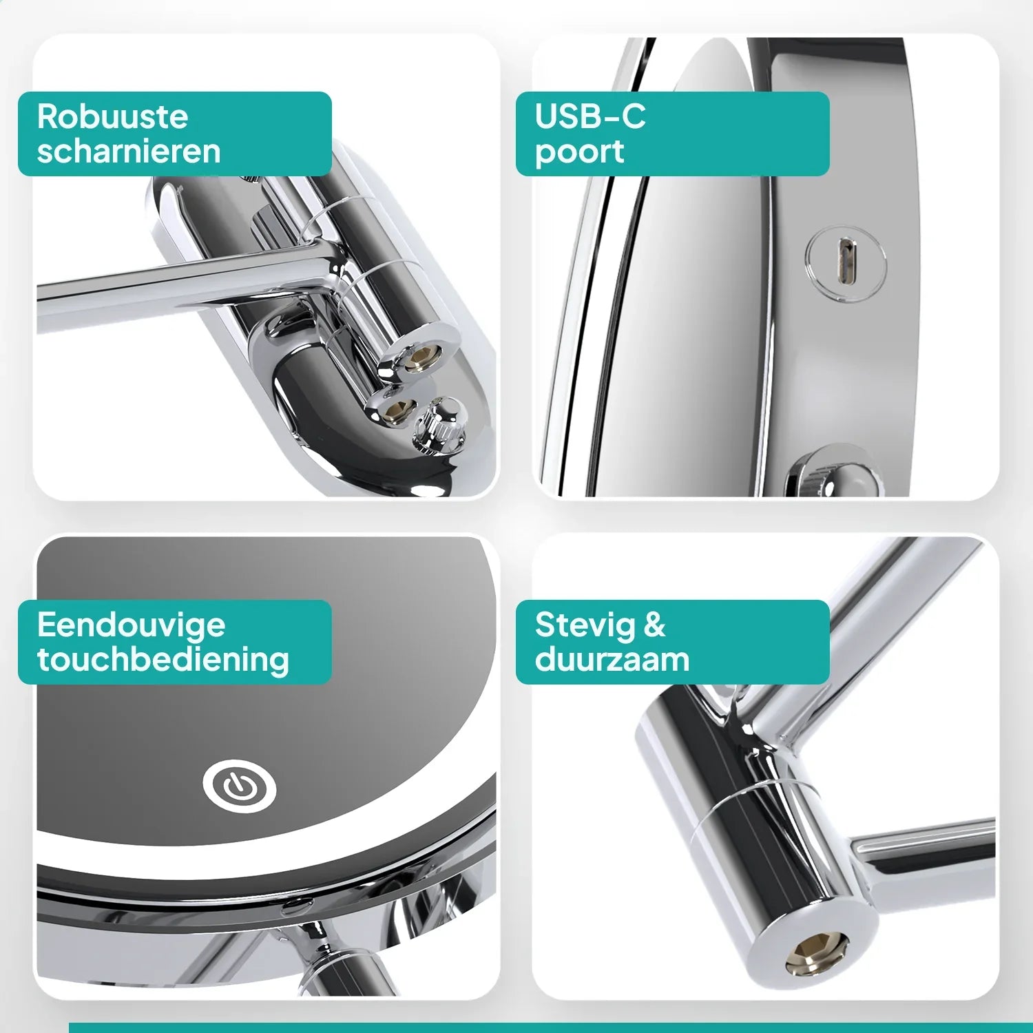 Make-Up Spiegel - Oplaadbaar - Chroom - 1-10x Vergroting