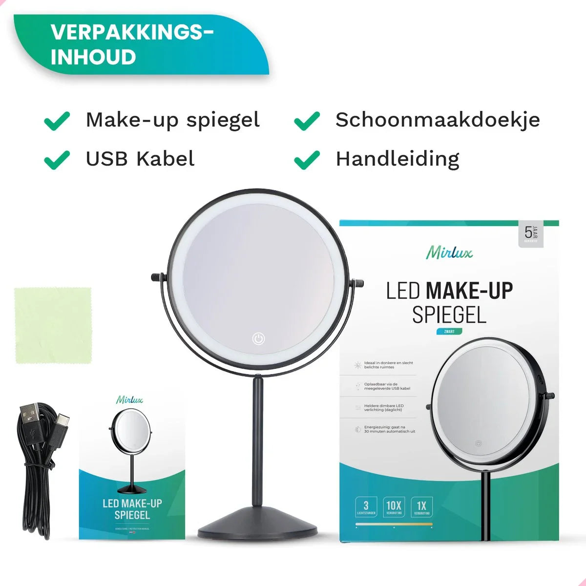 Make-Up Spiegel - Uppladdningsbar - Svart - 1-10x Förstoring