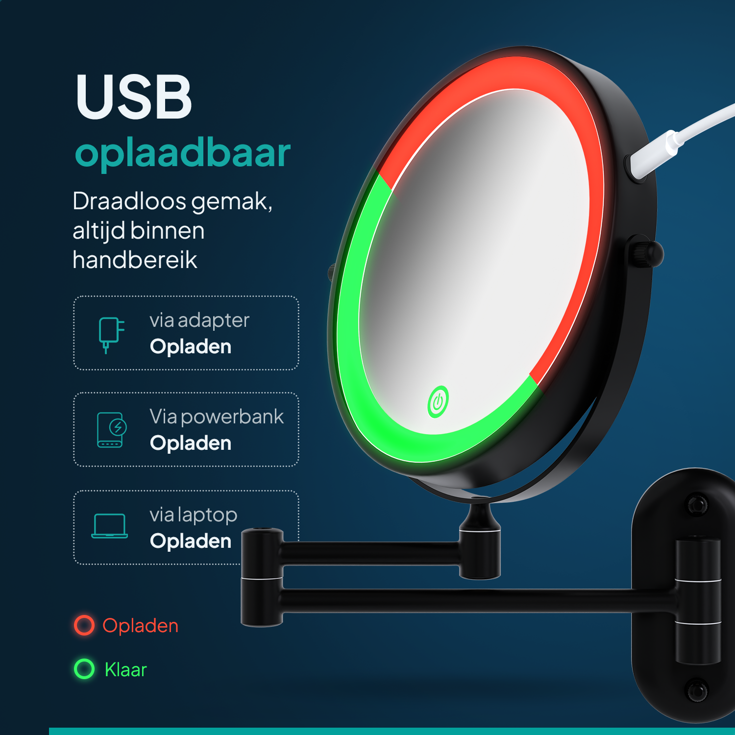 Sminkspegel - Uppladdningsbar - Svart - 1-5x Förstoring