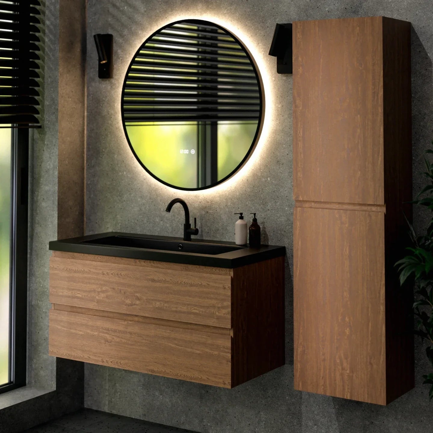 Badkamermeubel Sena - 100cm - Warm Eiken - Wastafel Zwart - Förbeställa