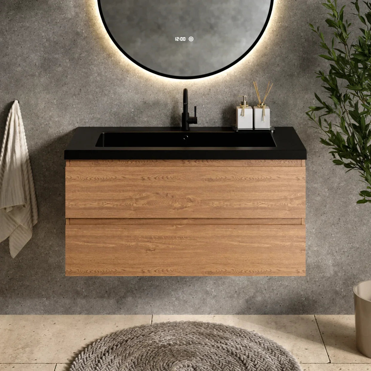Badkamermeubel Sena - 100cm - Warm Eiken - Wastafel Zwart - Förbeställa