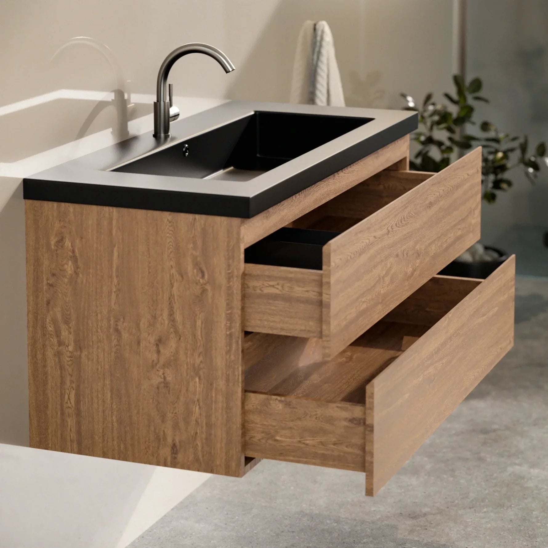 Badkamermeubel Sena - 100cm - Warm Eiken - Wastafel Zwart - Förbeställa