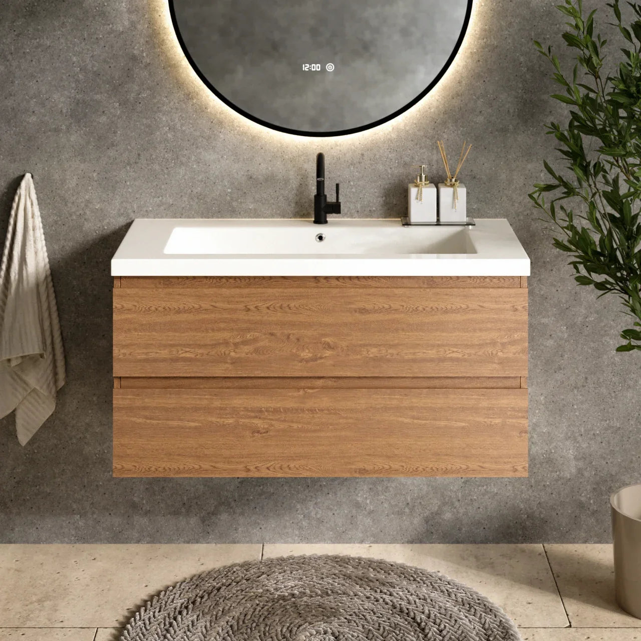 Badkamermeubel Sena - 100cm - Warm Eiken - Wastafel Wit - PRE-ORDER