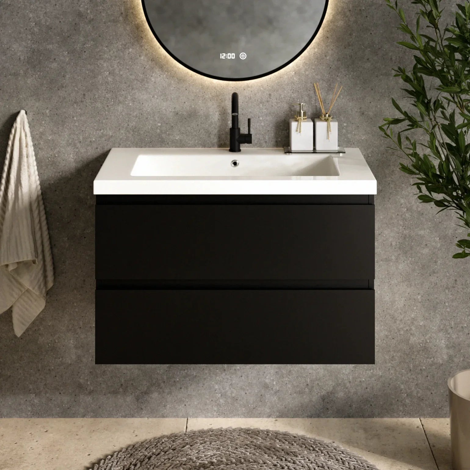 Badkamermeubel Sova - 80cm - Mat Zwart - Wastafel wit