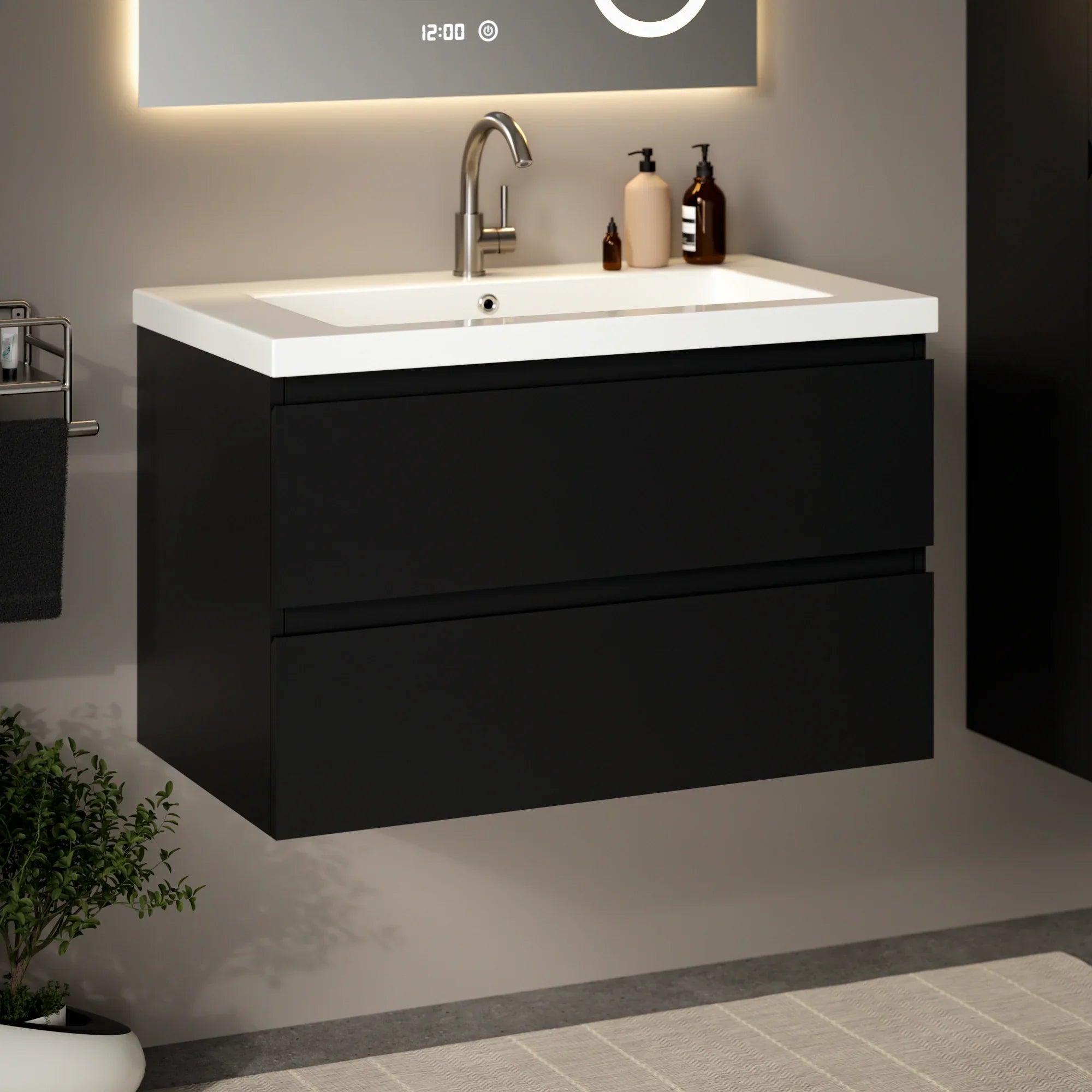 Badkamermeubel Sova - 80cm - Mat Zwart - Wastafel wit