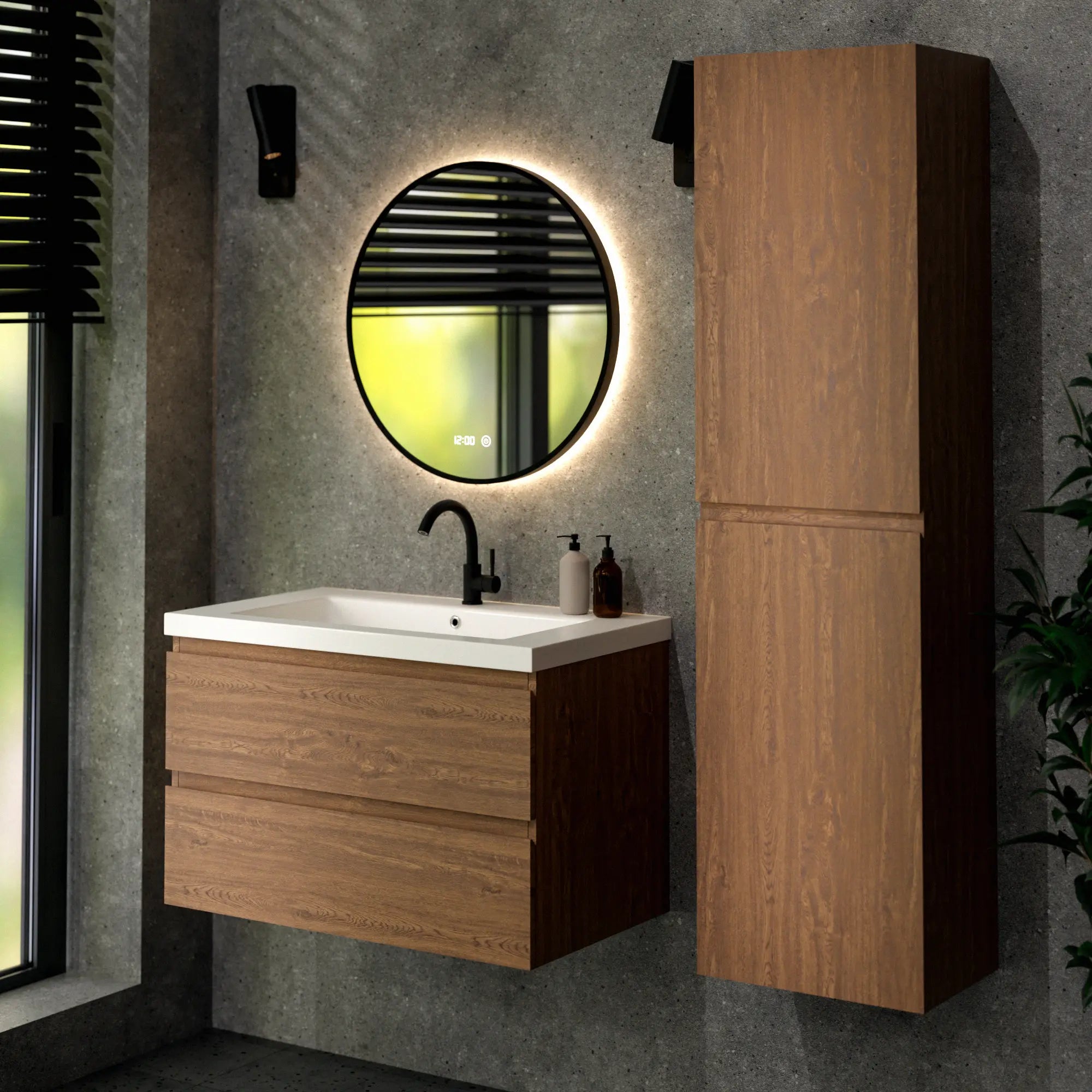 Badkamermeubel Sova - 80cm - Warm Eiken - Wastafel Wit