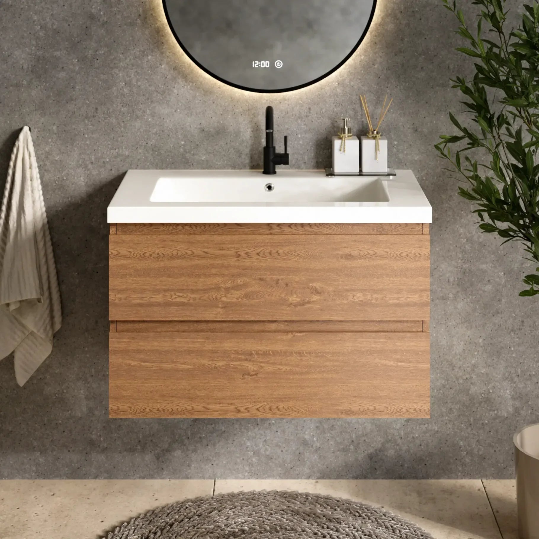 Badkamermeubel Sova - 80cm - Warm Eiken - Wastafel Wit