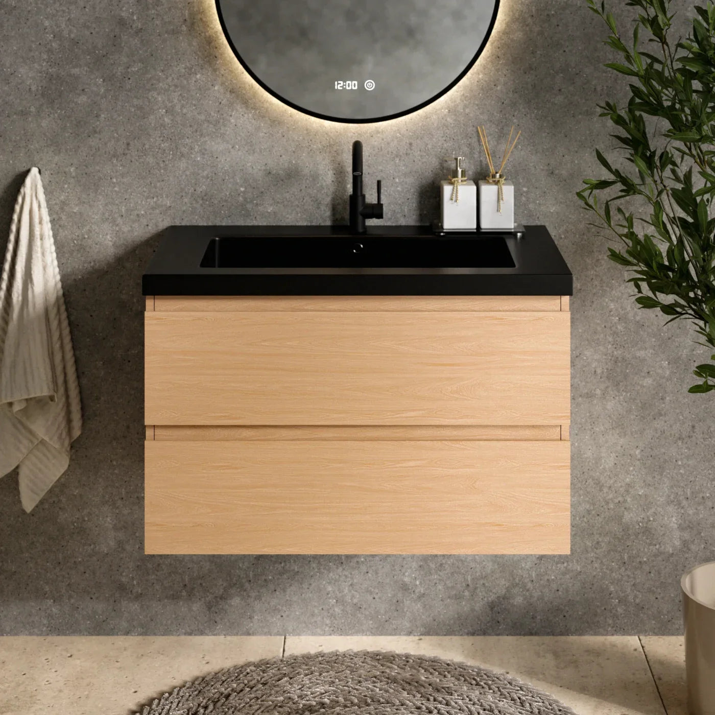 Badkamermeubel Sova - 80cm - Licht Eiken - Wastafel Zwart