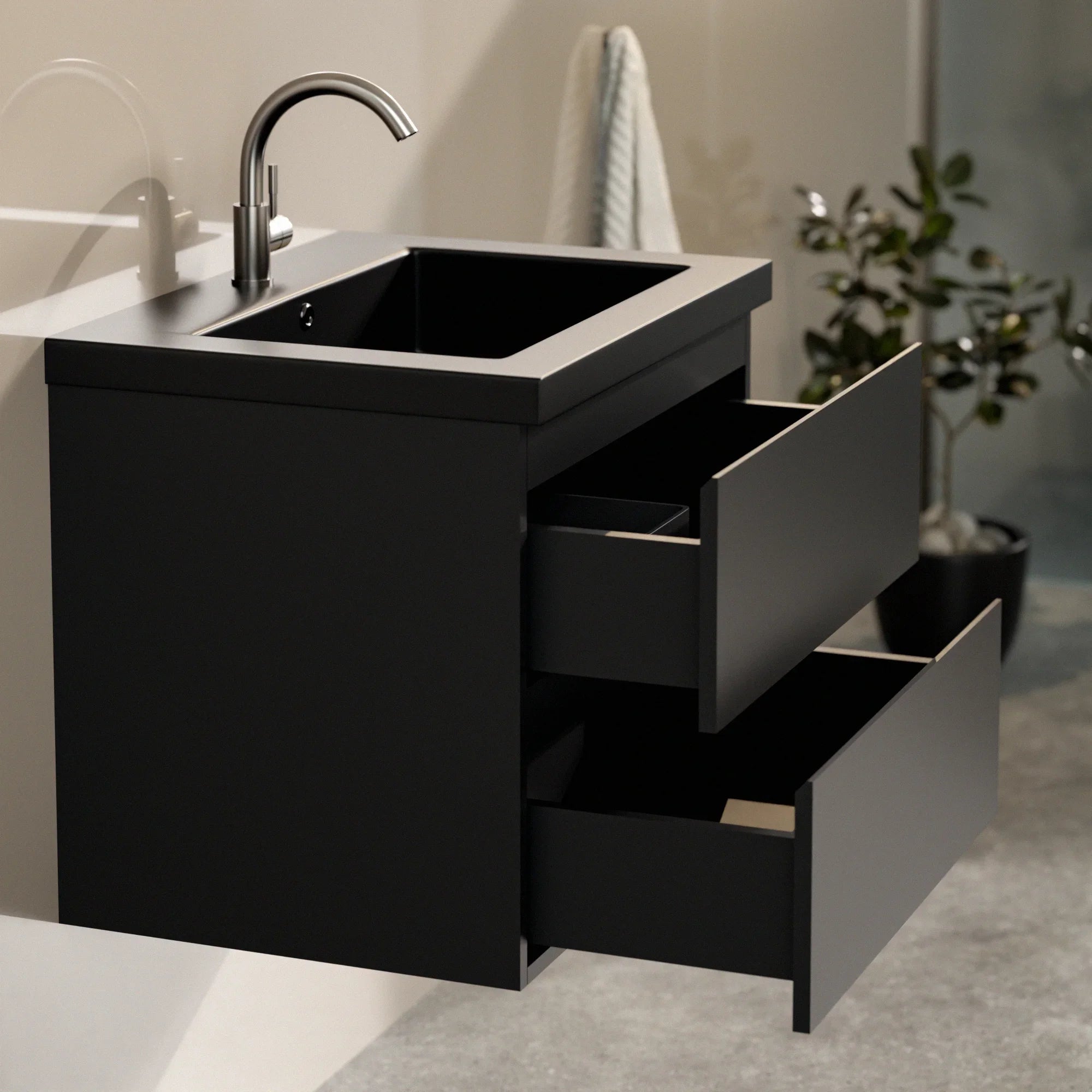 Badkamermeubel Karo - 60cm - Mat Zwart - Wastafel Zwart - Förbeställa