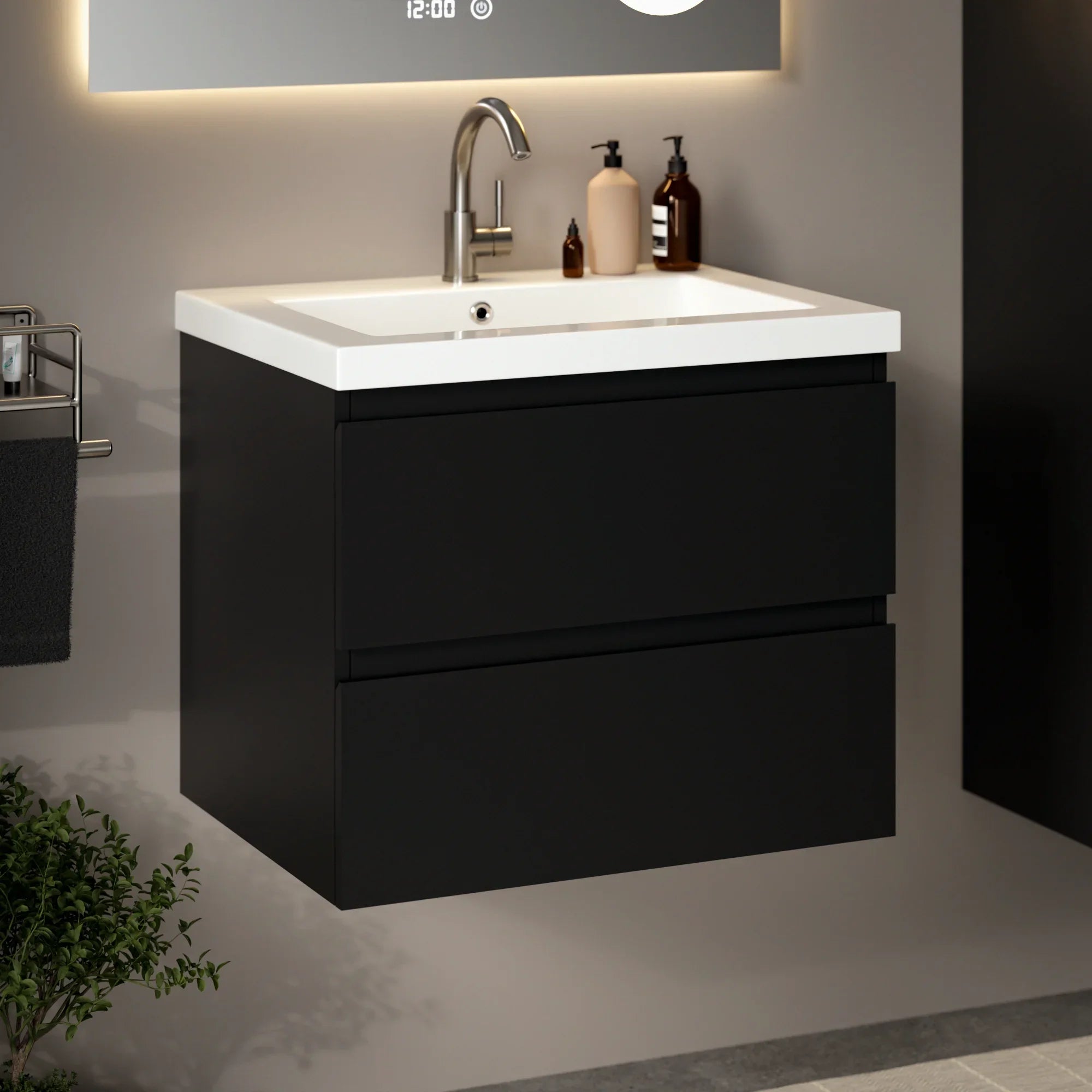 Badkamermeubel Karo - 60cm - Mat Zwart - Wastafel Wit