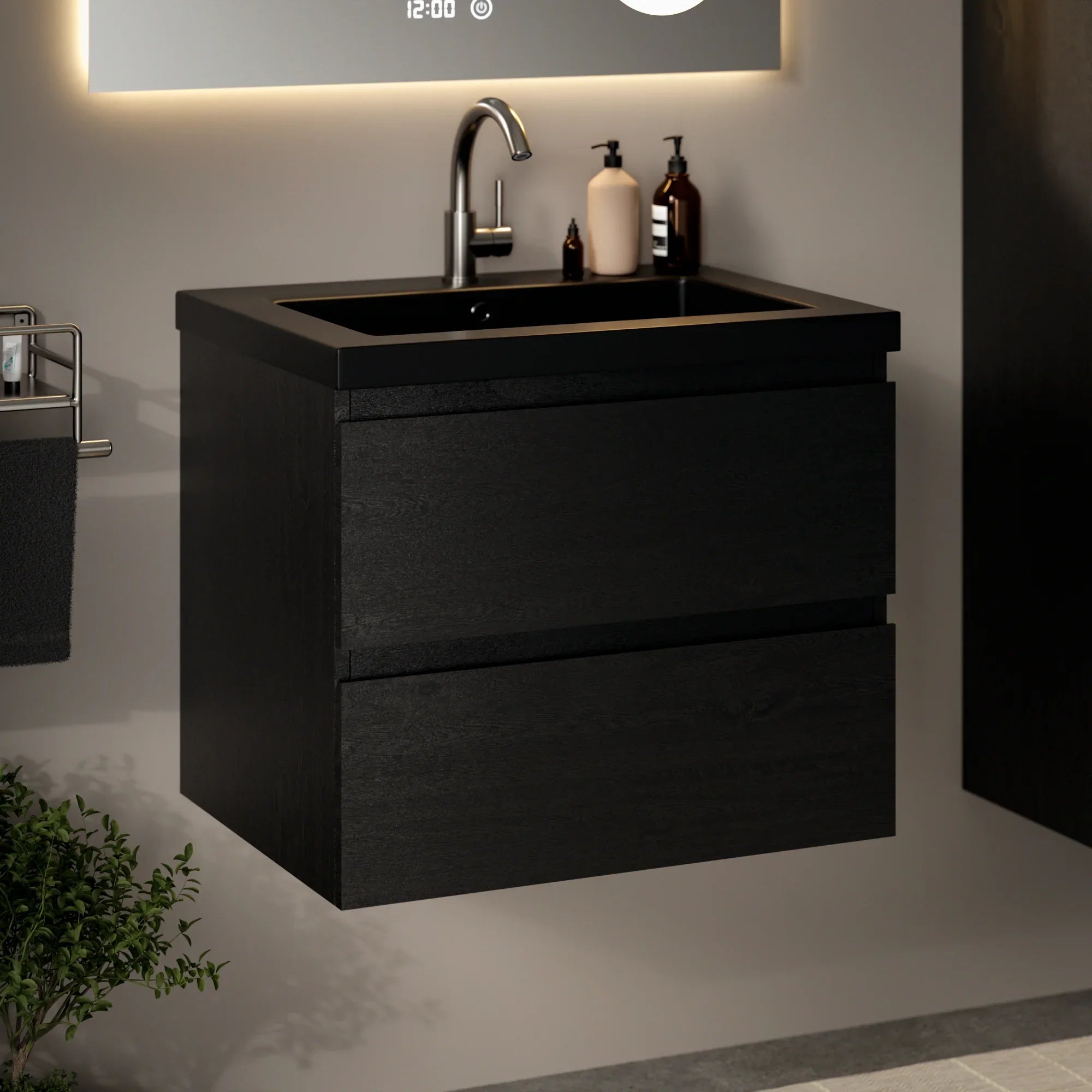 Badkamermeubel Karo - 60cm - Zwart Eiken - Wastafel Zwart - Förbeställa