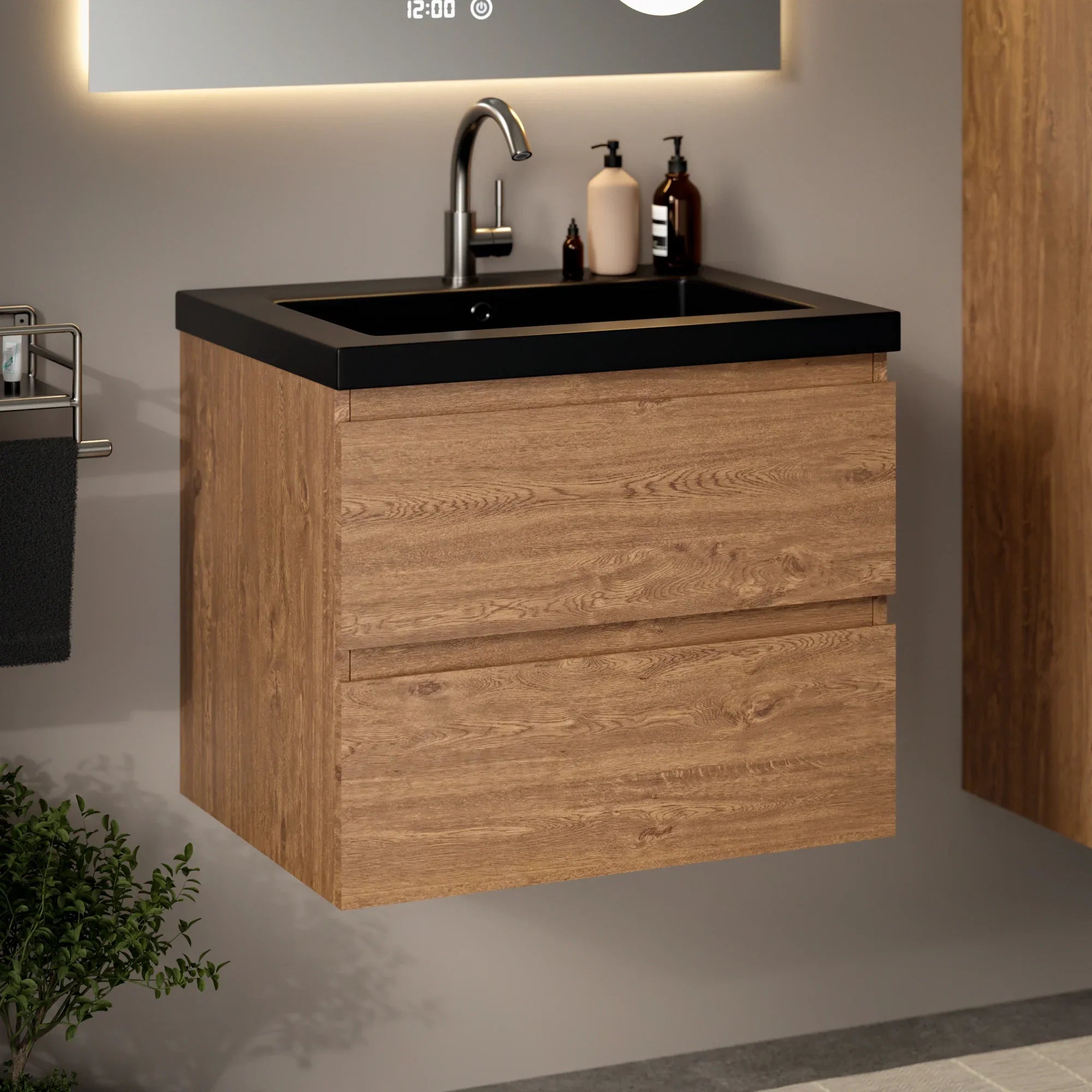 Badkamermeubel Karo - 60cm - Warm Eiken - Wastafel Zwart - Förbeställa