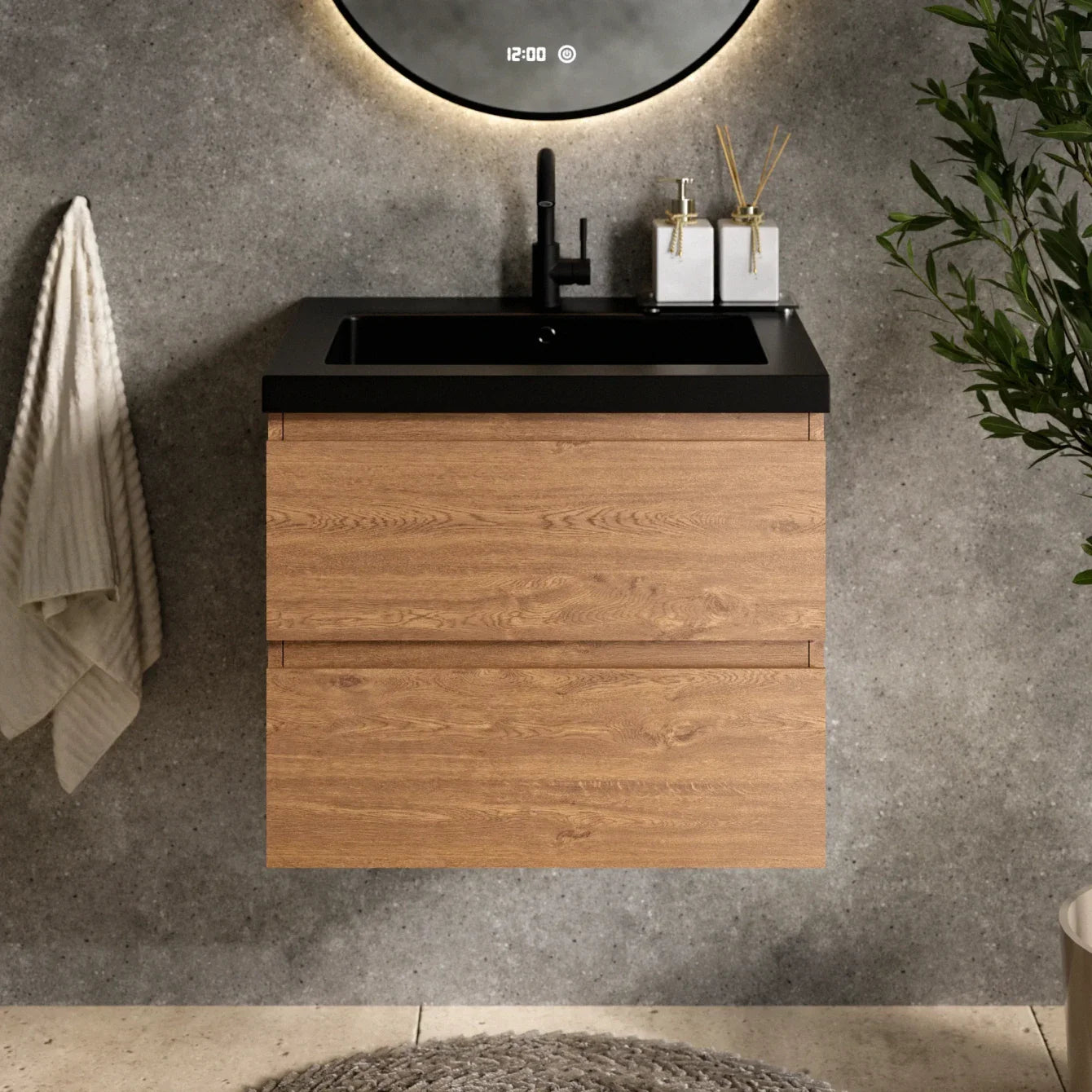 Badkamermeubel Karo - 60cm - Warm Eiken - Wastafel Zwart - Förbeställa