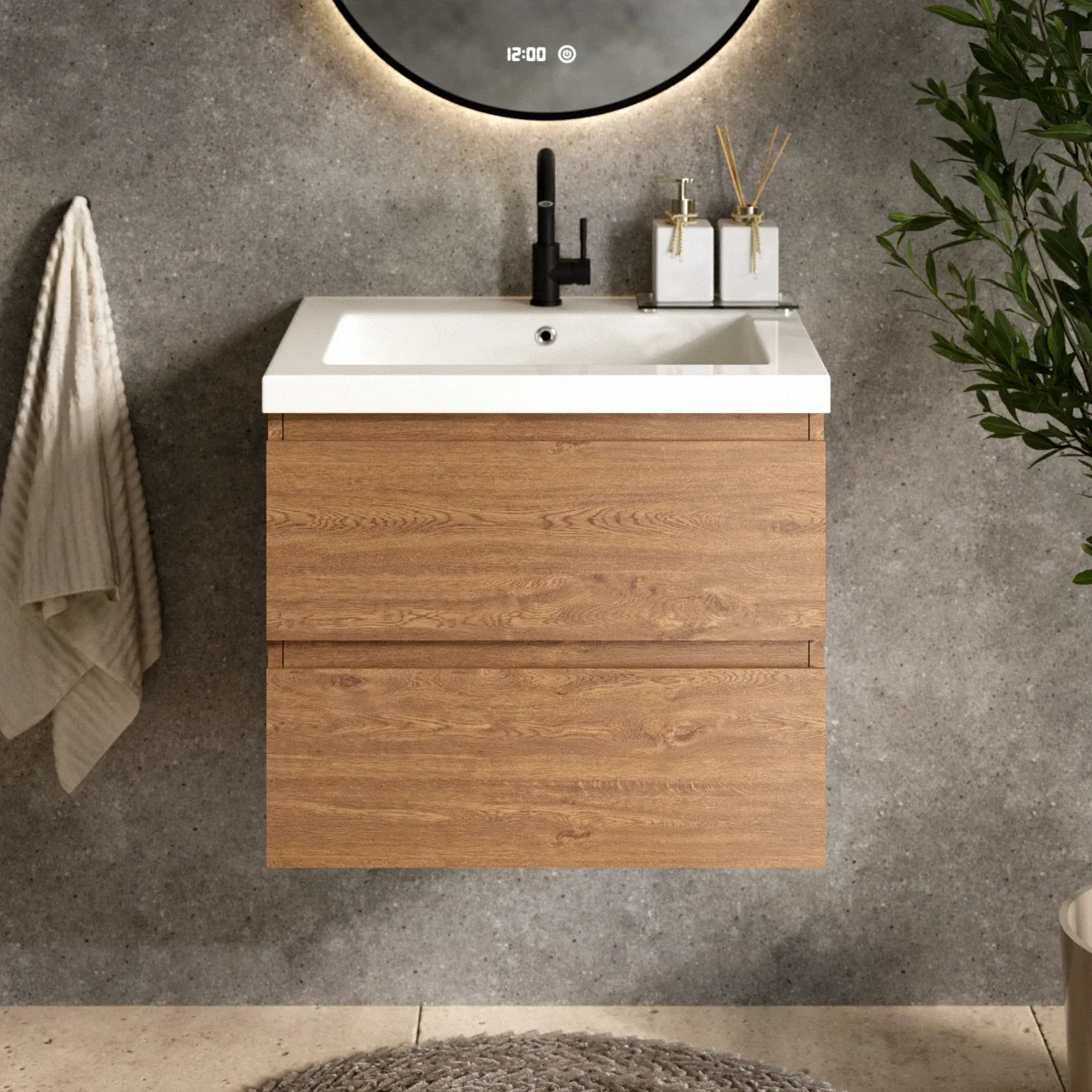Badkamermeubel Karo - 60cm - Warm Eiken - Wastafel Wit