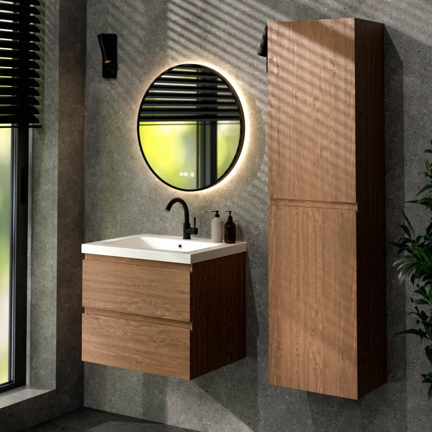 Badkamermeubel Karo - 60cm - Warm Eiken - Wastafel Wit