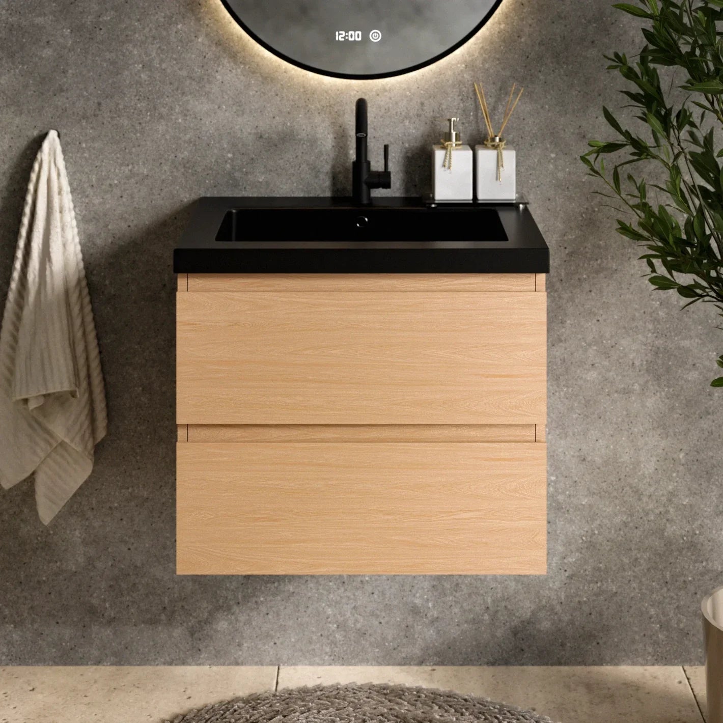 Badkamermeubel Karo - 60cm - Licht Eiken - Wastafel Zwart - Förbeställa